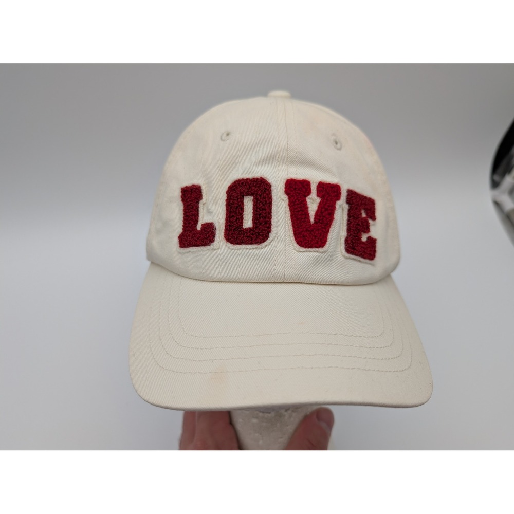 Tory Burch Ivory Cotton LOVE Chenille Patch Baseball Cap Hat Adjustable Strap